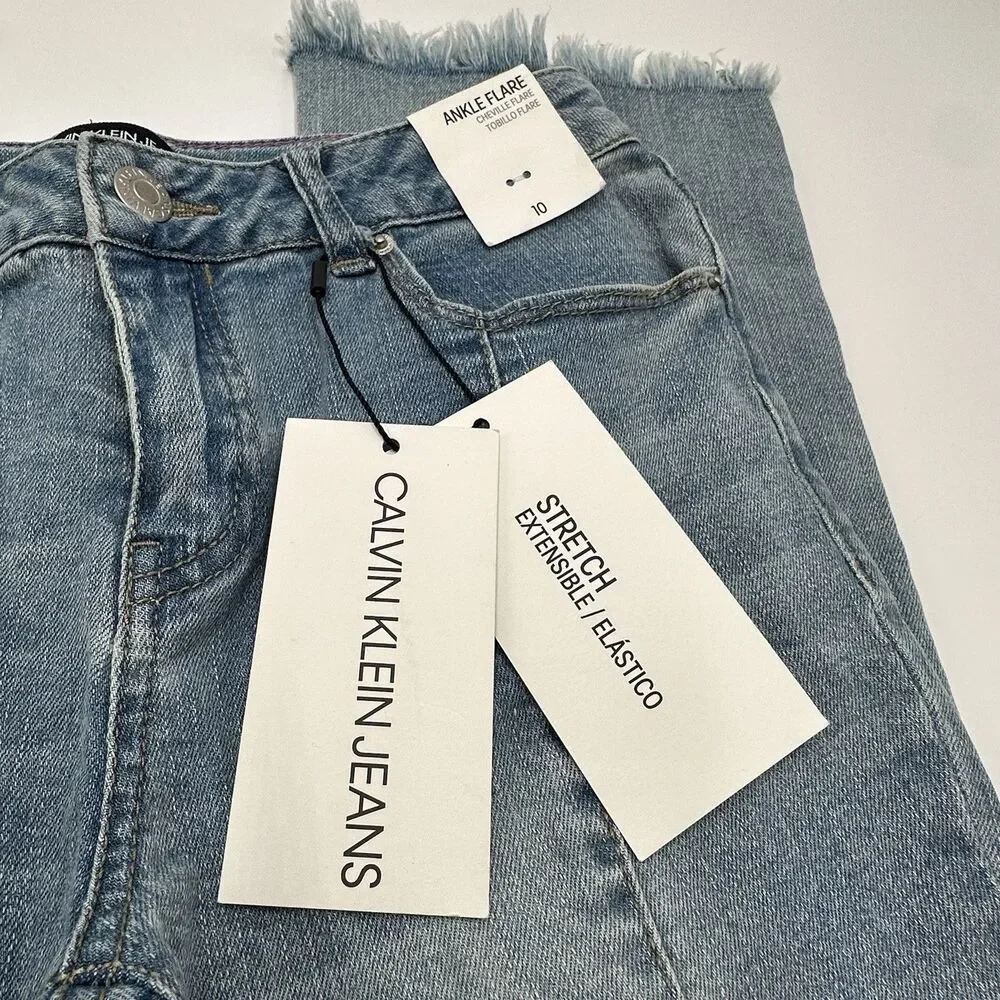 Calvin Klein Jeans Ankle Flare Girls Size 10 Fringe Raw Bottoms Stretch NWT